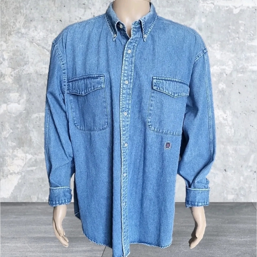 Vtg Tommy Hilfiger Denim Shirt Men XL Blue Jeans Crest Outdoor Casual Logo Heavy